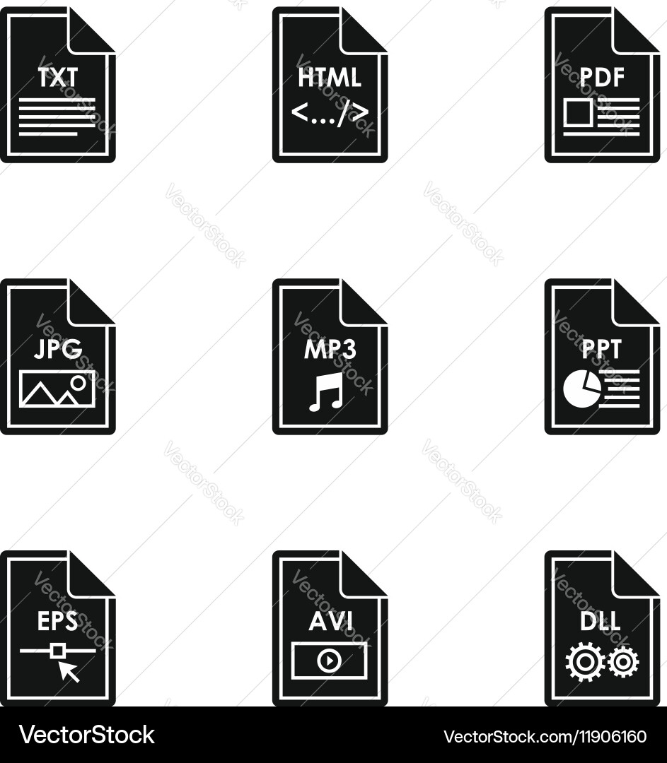 Kind of files icons set simple style vector image