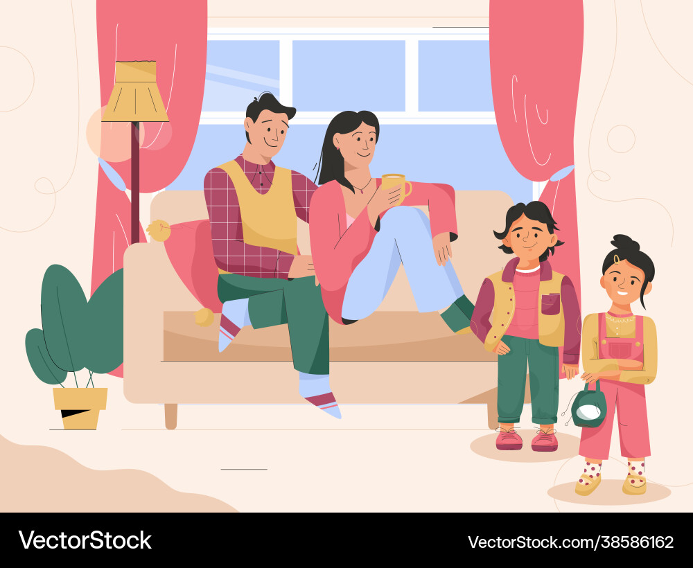 Family in living room together childhood Family in living room together childhood vector image