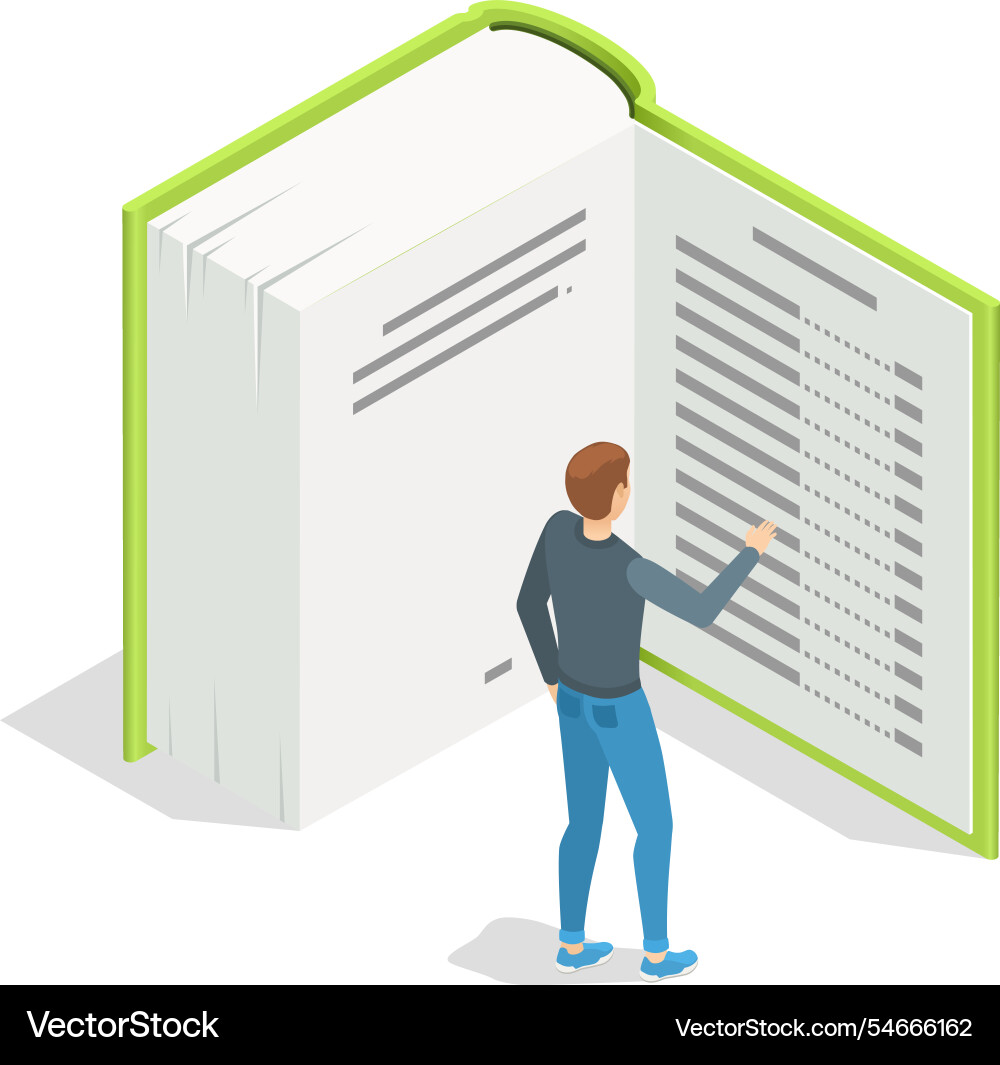 Student is standing and reading a large open vector image