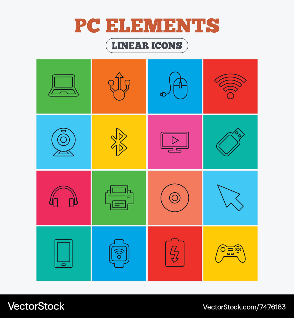 Computer elements icons notebook usb port Vector Image