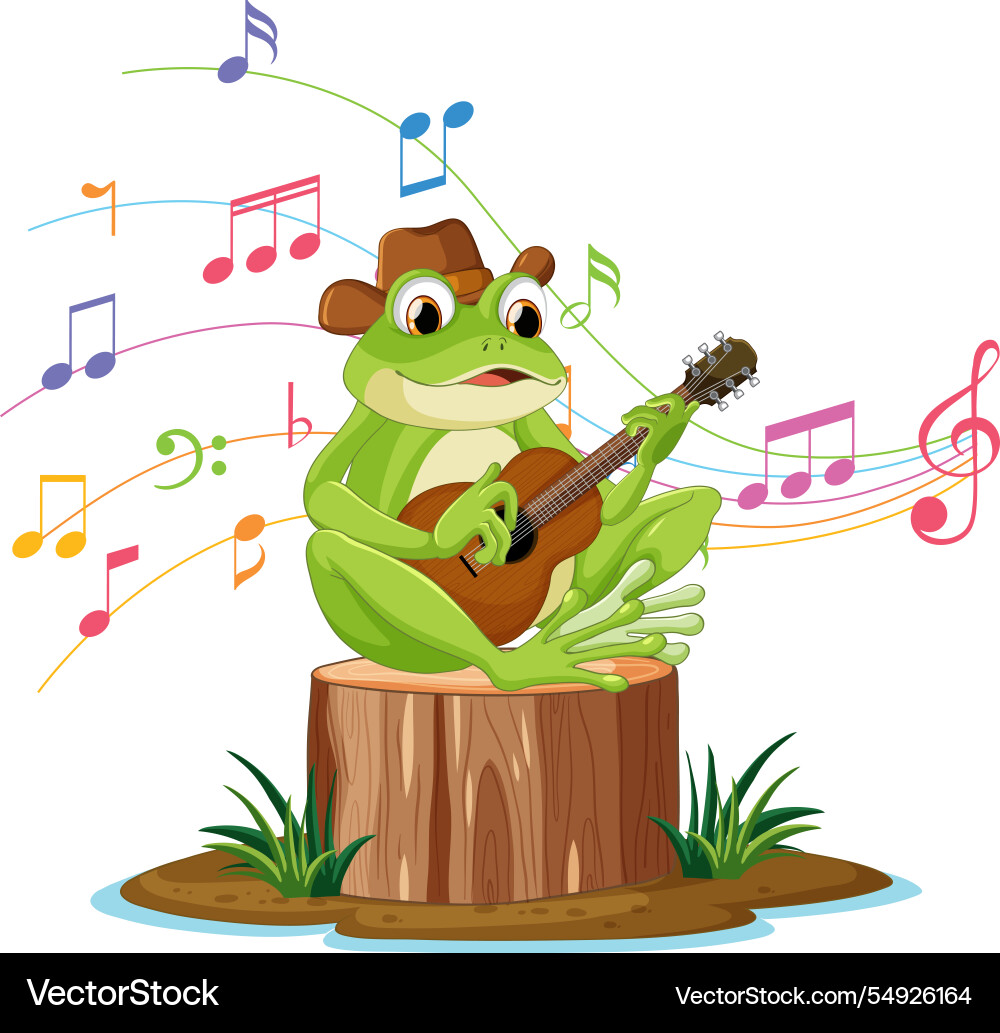 A cheerful frog strumming guitar on stump A cheerful frog strumming guitar on stump vector image