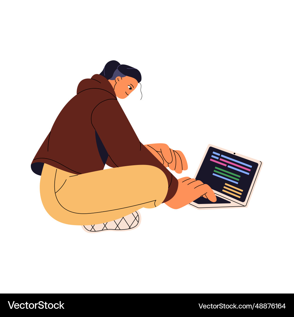 Coder working on laptop freelance programmer Coder working on laptop freelance programmer Vector Image