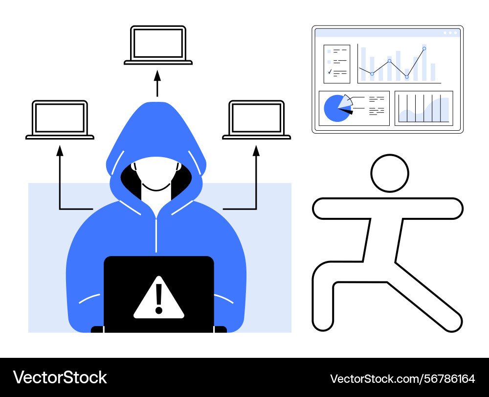 Cybersecurity threats with hacker in hoodie Cybersecurity threats with hacker in hoodie Vector Image