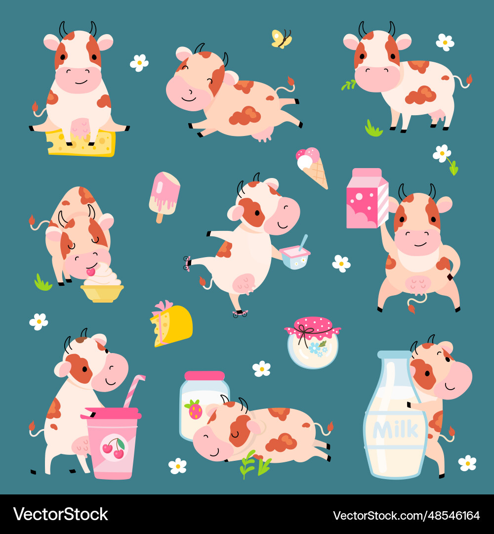 Dairy products cow hugs milk bottle milkshake Dairy products cow hugs milk bottle milkshake vector image