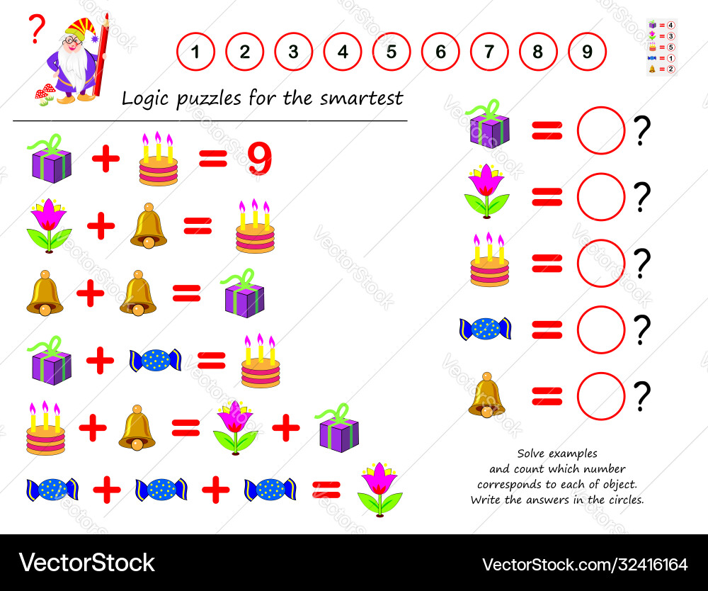 Mathematical logic puzzle game solve examples Mathematical logic puzzle game solve examples vector image