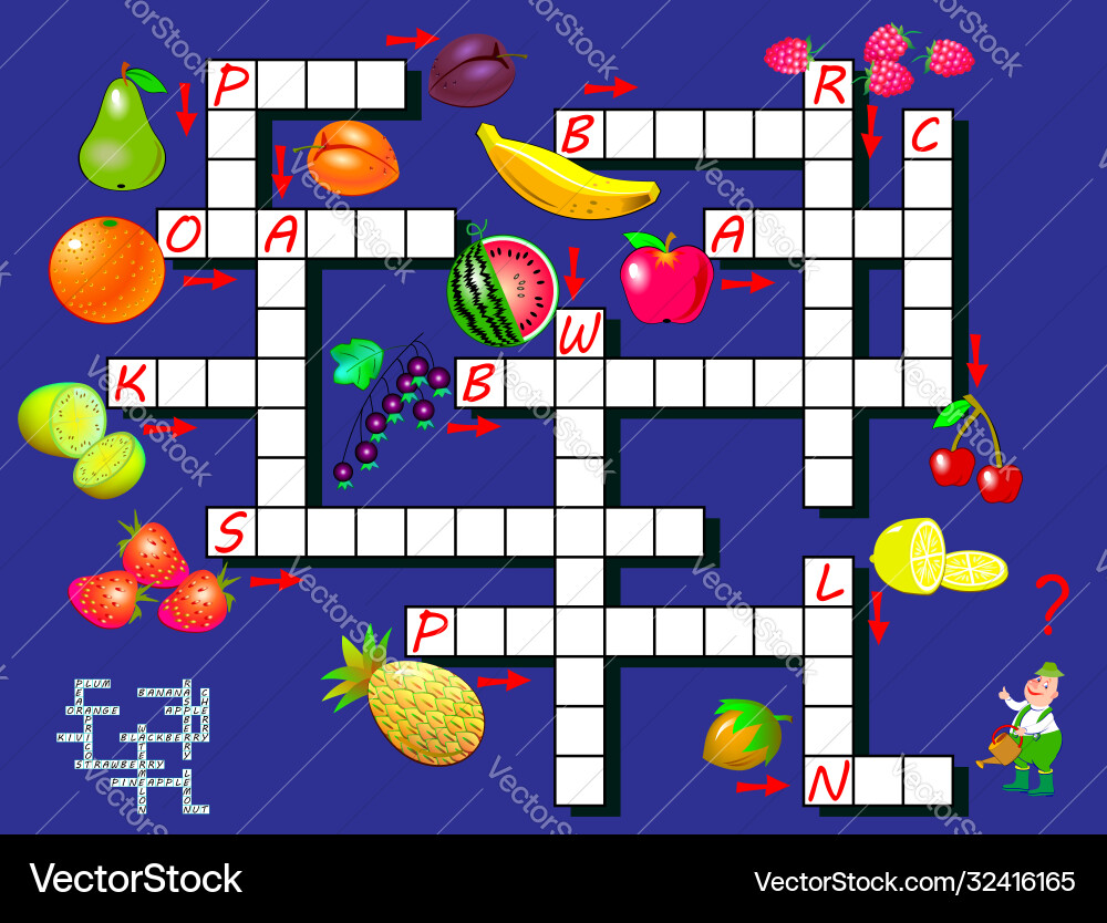 Crossword puzzle game with fruits educational Crossword puzzle game with fruits educational vector image
