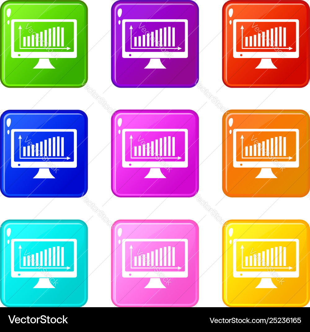 Graph on monitor icons set 9 color collection Graph on monitor icons set 9 color collection Vector Image