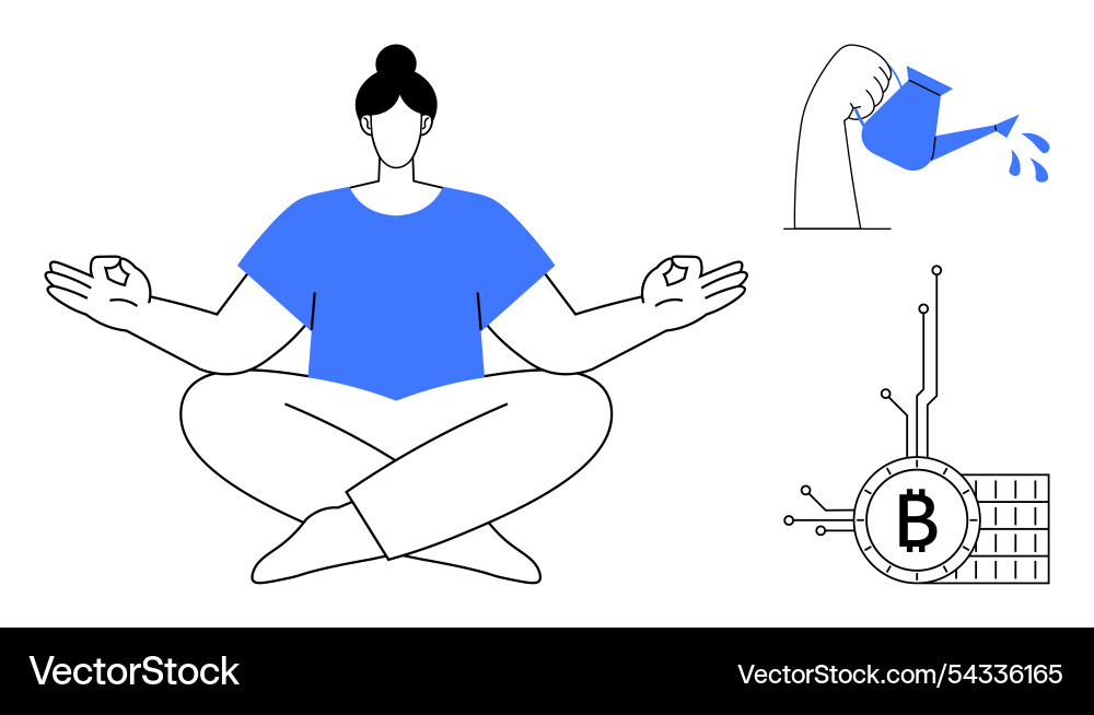 Meditating figure with watering can and blockchain Meditating figure with watering can and blockchain vector image
