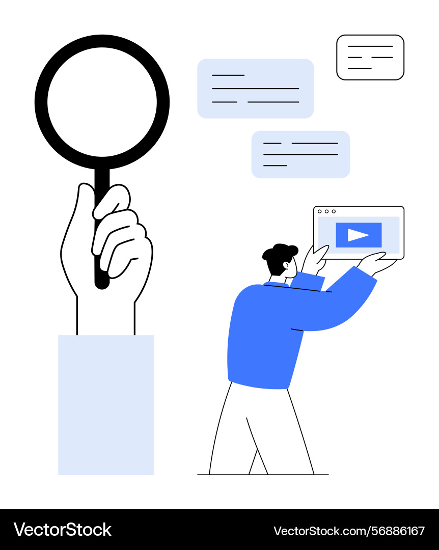 Man exploring content with magnifying glass Man exploring content with magnifying glass Vector Image