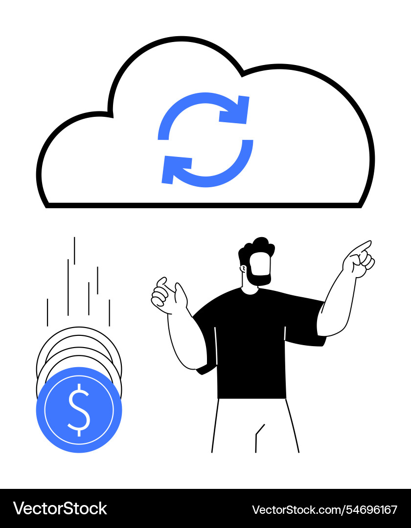 Man points towards cloud with sync icon and stack vector image