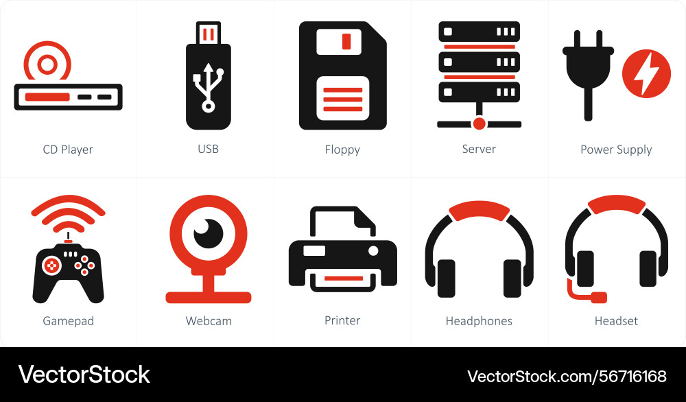 A set of 10 computer parts icons as cd player usb vector image