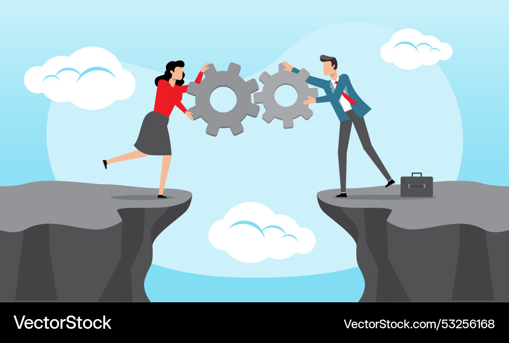 People linked gears to build bridges over cliffs Vector Image