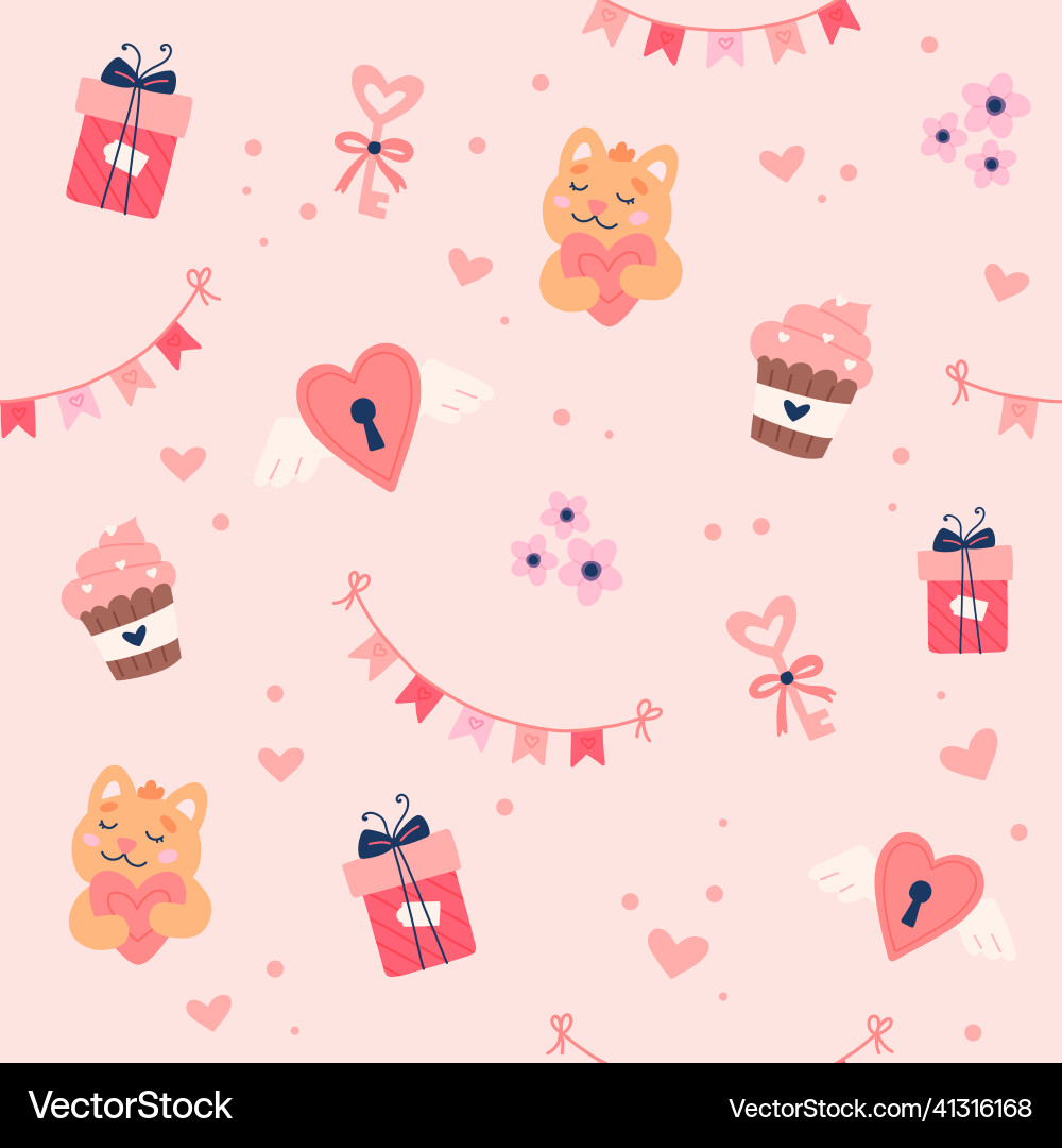 Valentine s day pattern with cute hearts cats Valentine s day pattern with cute hearts cats Vector Image