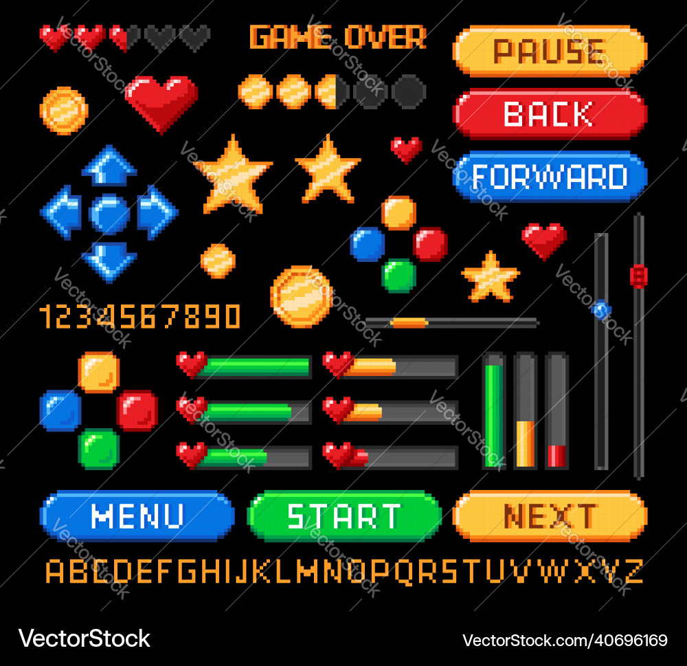 8-bit Pixel Spiel UI Retro Buttons vektorbild