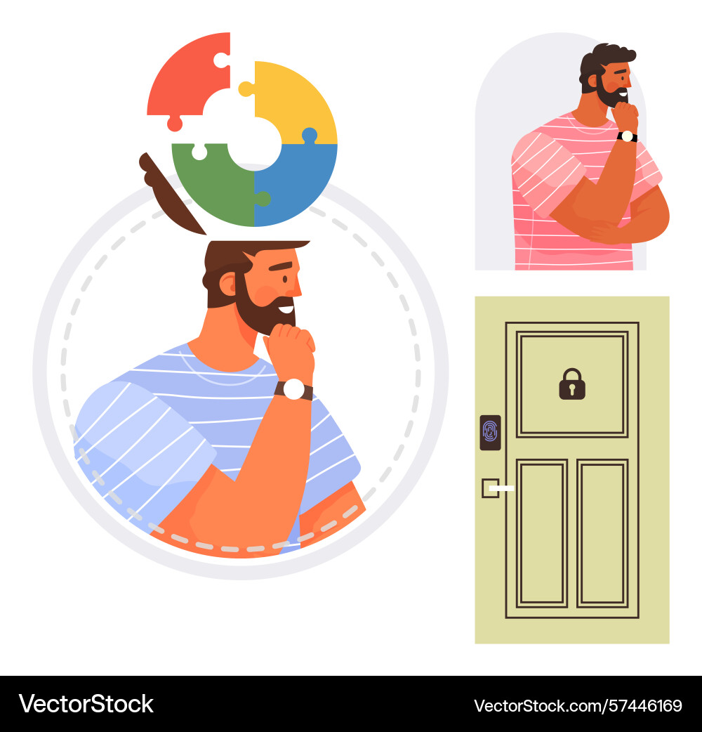 Man thinking with puzzle brain concept and locked Man thinking with puzzle brain concept and locked vector image