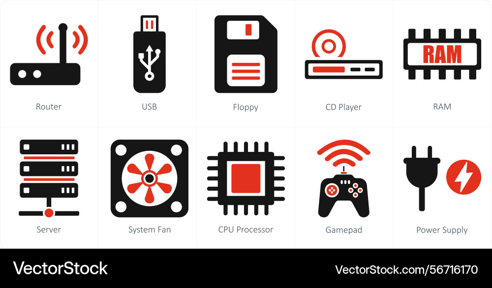 A set of 10 computer parts icons as router usb vector image