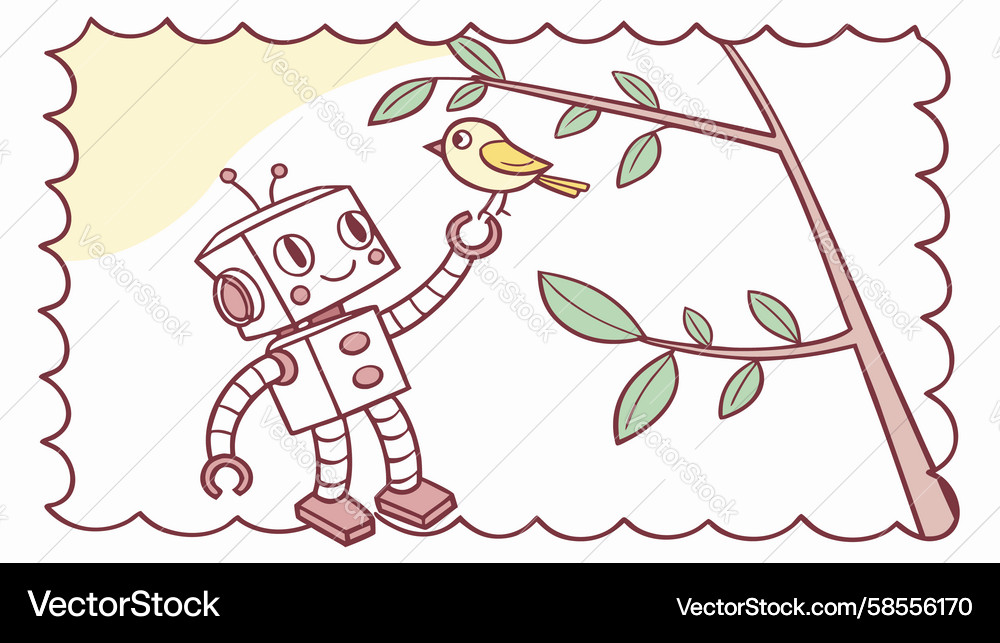 Robot and Bird on Branch Vector Image