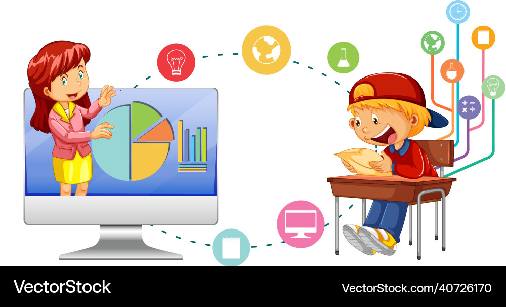 Young boy studying in front of computer Young boy studying in front of computer vector image