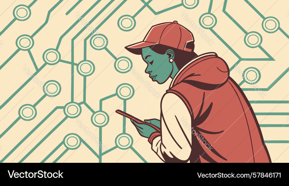 Tech-savvy individual in abstract circuitry world vector image