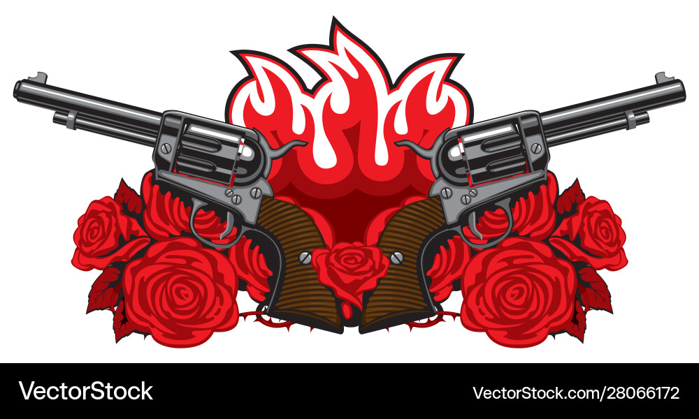 Banner with two old revolvers fire and red roses Banner with two old revolvers fire and red roses vector image