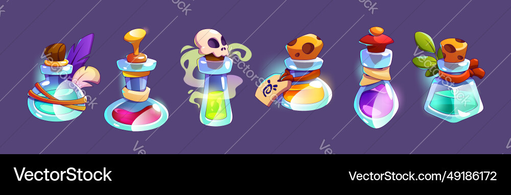 Magic game elixir potion bottle cartoon icon set Magic game elixir potion bottle cartoon icon set Vector Image