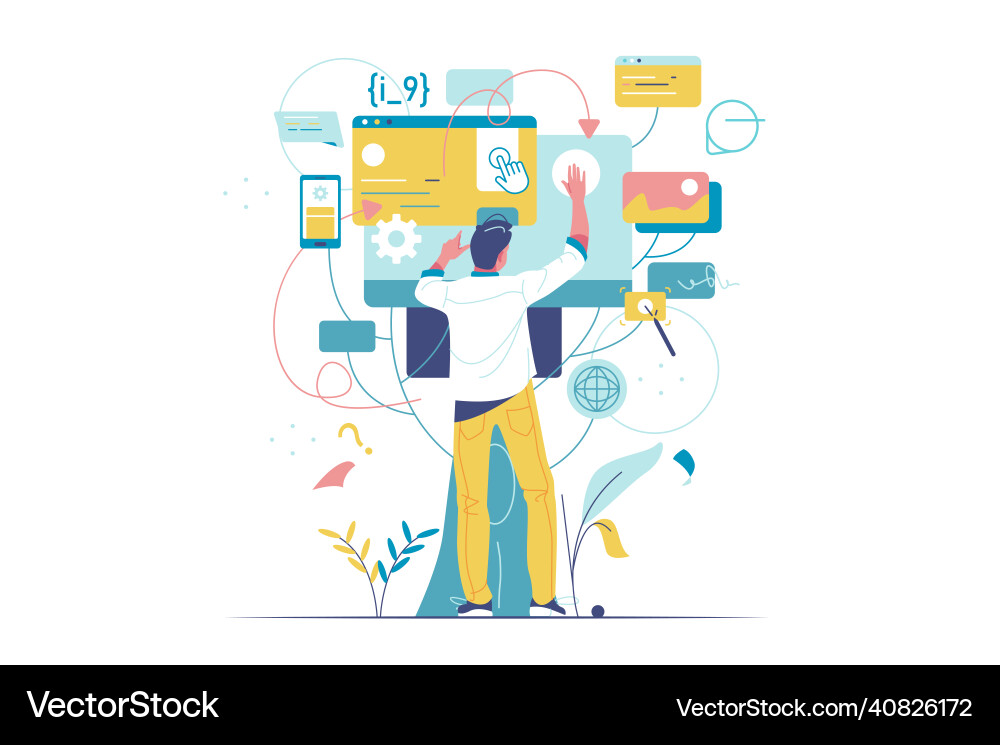 Man using website on tree screen interface Man using website on tree screen interface Vector Image