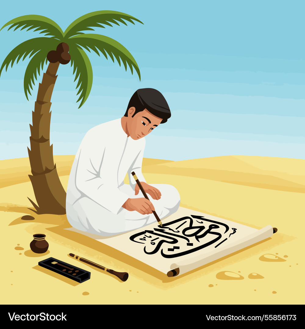 Man practicing calligraphy on scroll in desert Vector Image