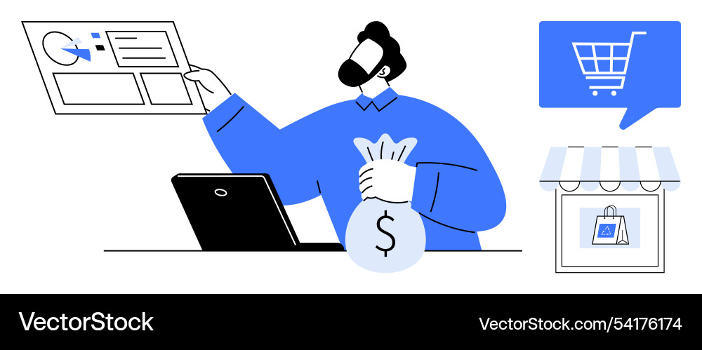 Man analyzing data dashboard while holding money Man analyzing data dashboard while holding money vector image