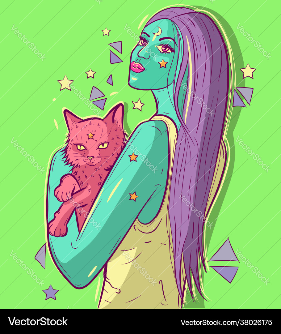 Alien funky woman with green skin holding a cat Alien funky woman with green skin holding a cat vector image