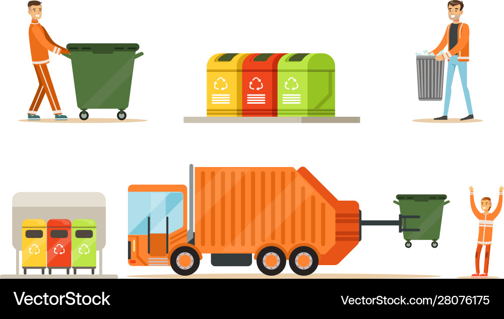 Workers and garbage collection equipment set Workers and garbage collection equipment set vector image