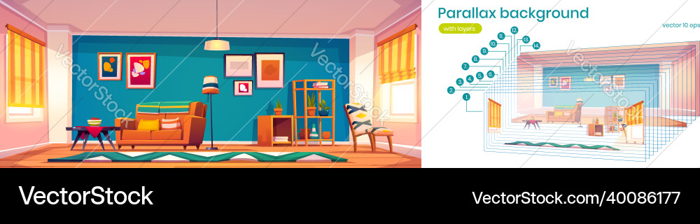 Parallax game background with modern living room Parallax game background with modern living room vector image
