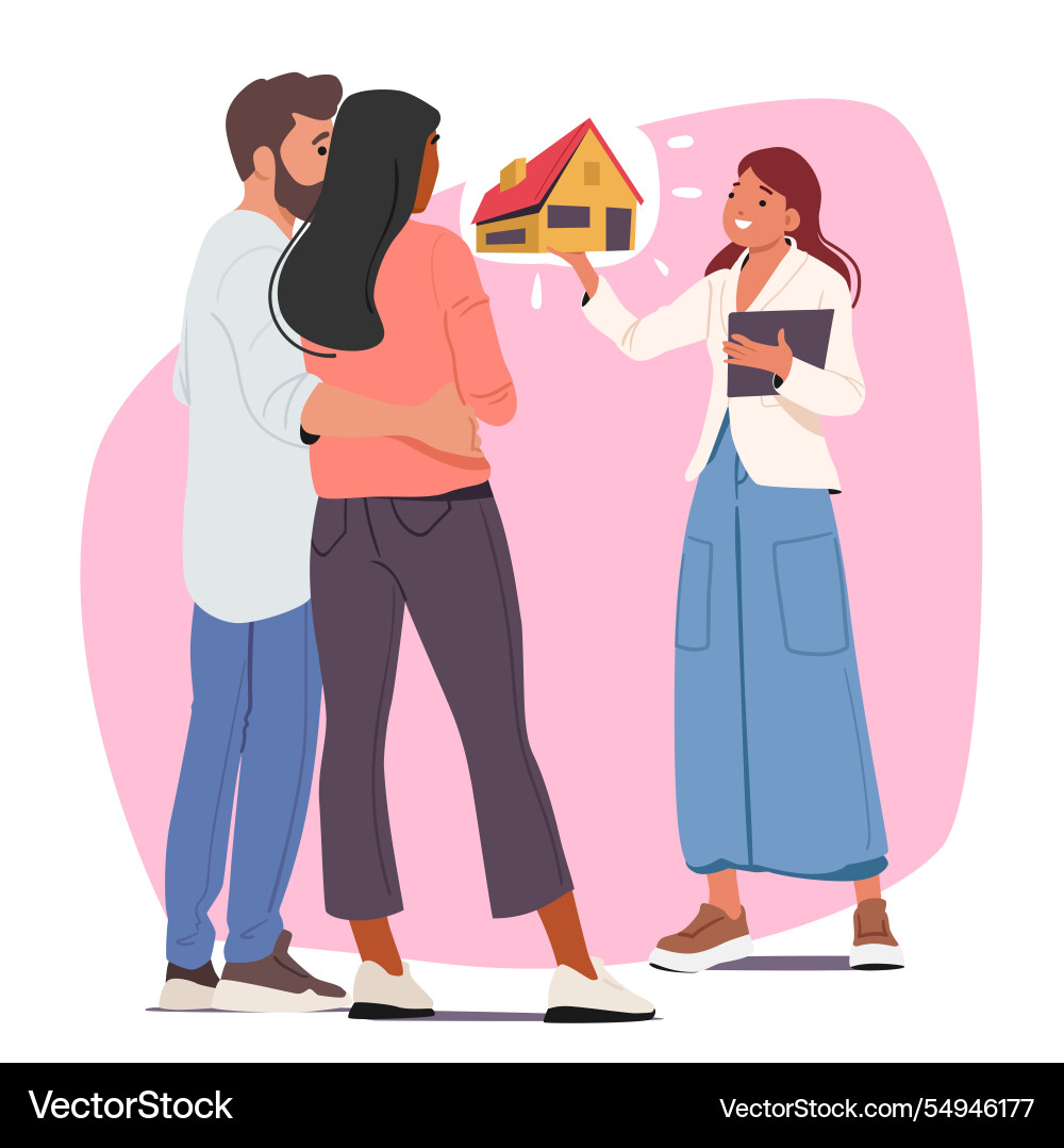 Young family couple talking with woman real estate Young family couple talking with woman real estate vector image