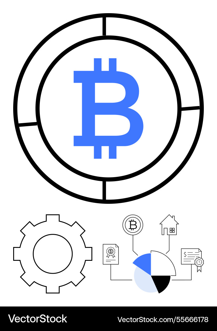 Bitcoin symbol within segmented circuit with cog Bitcoin symbol within segmented circuit with cog vector image