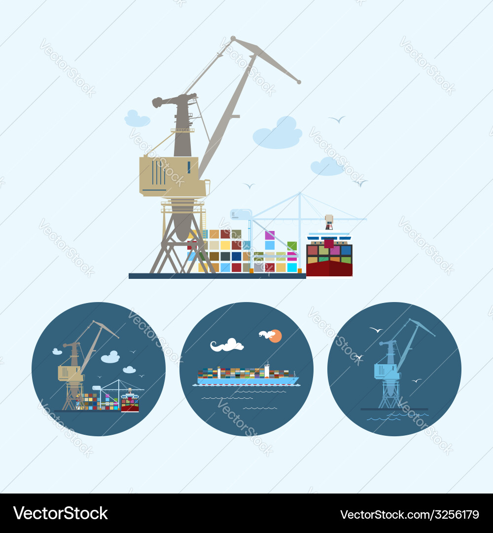 Set icons with crane containership in dock vector image