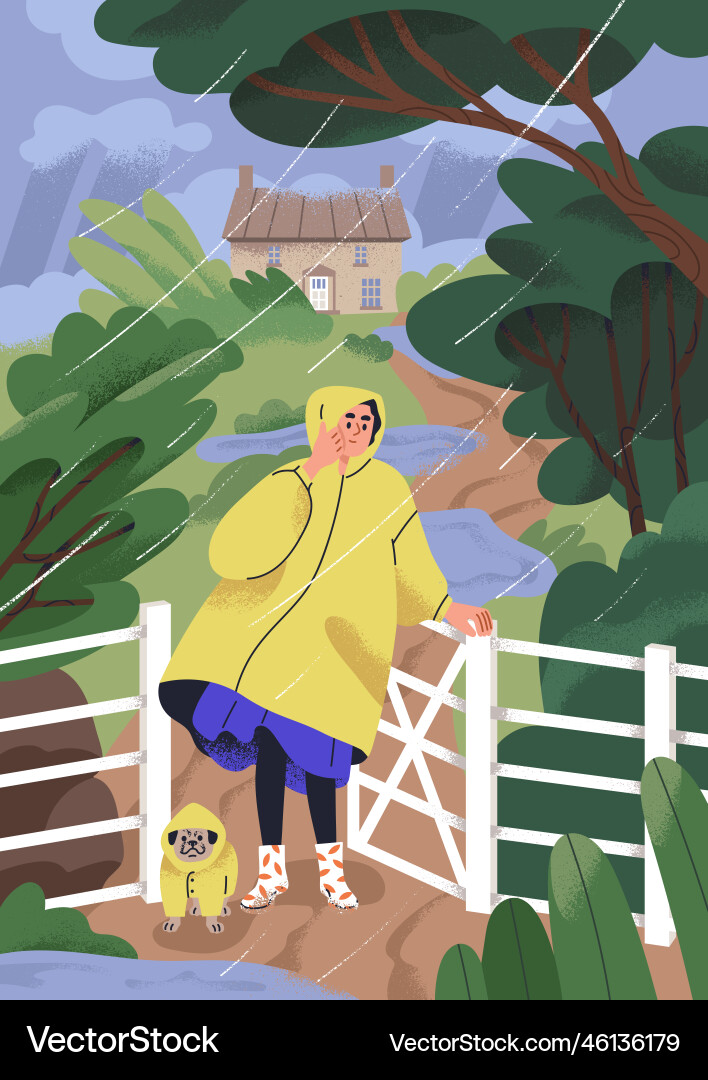 Woman and dog walking in rainy weather day pet Woman and dog walking in rainy weather day pet vector image
