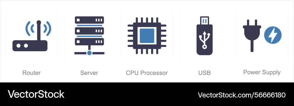 A set of 5 computer parts icons as router server vector image