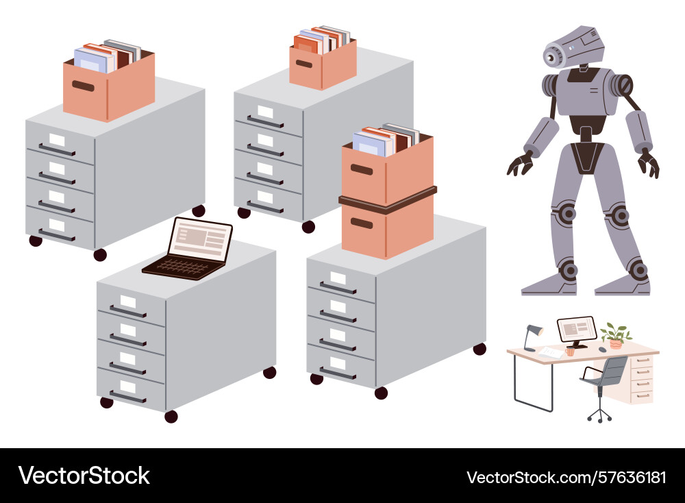 Office file cabinets robot and workspace Office file cabinets robot and workspace vector image