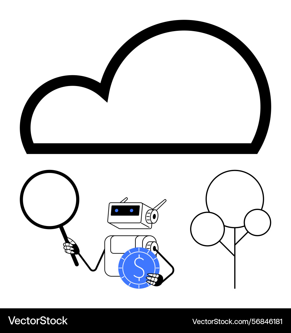 Robot exploring cloud technology with magnifying Robot exploring cloud technology with magnifying vector image