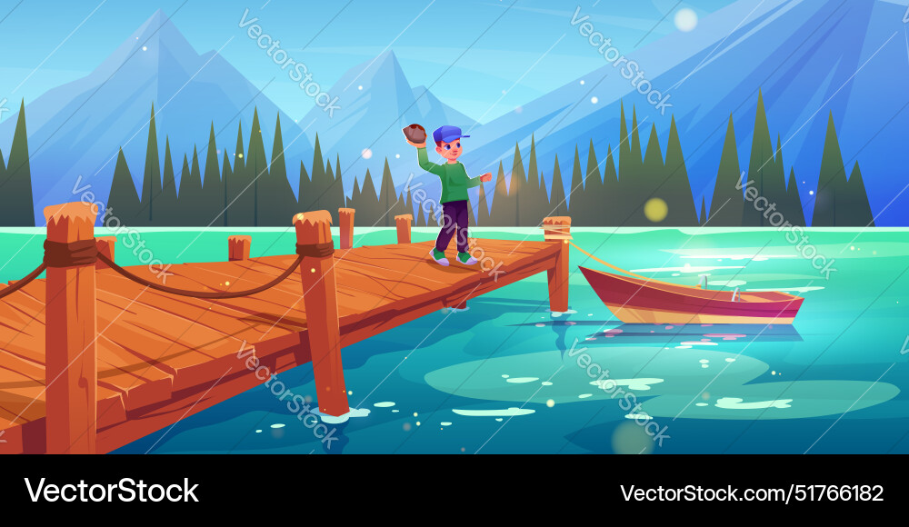 Boy on wood lake dock throw stone in water Boy on wood lake dock throw stone in water vector image