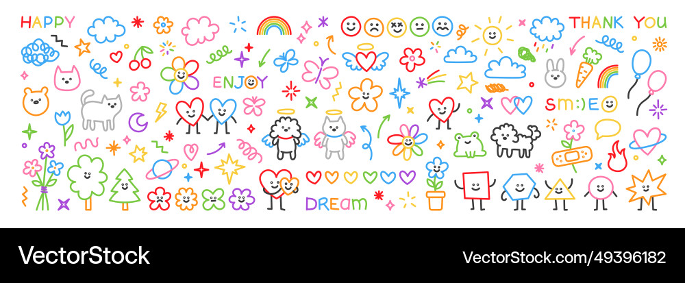 Cute kid scribble doodle icons set sun flower Cute kid scribble doodle icons set sun flower vector image