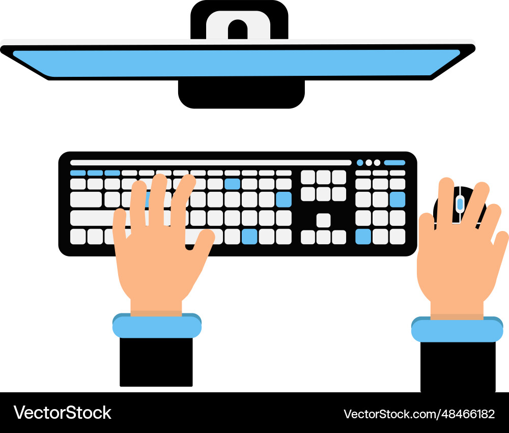 Hands on keyboard computer workplace top view Hands on keyboard computer workplace top view Vector Image