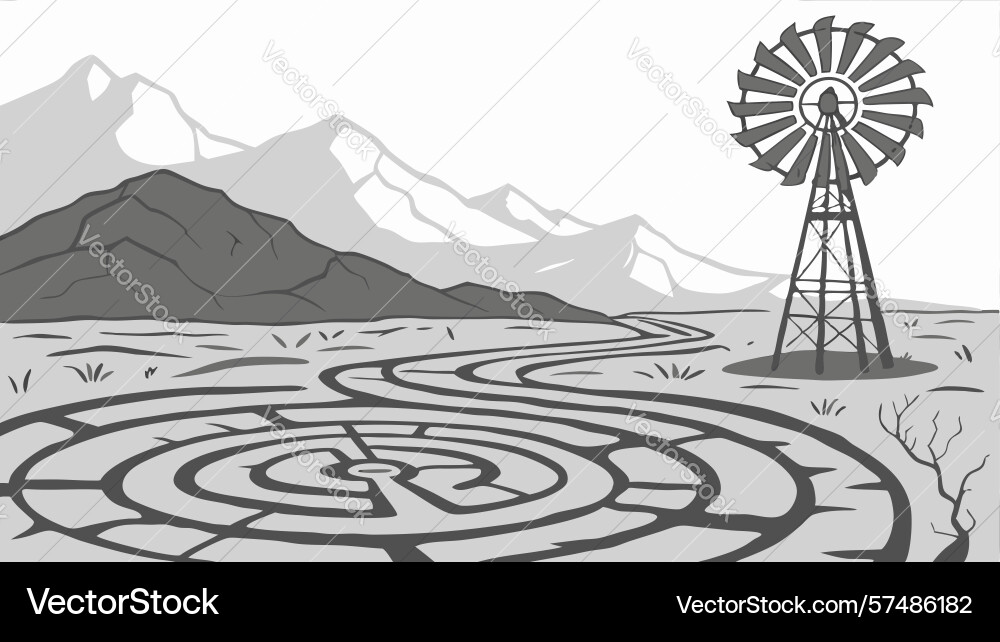 Windmill beside a complex labyrinth pattern vector image