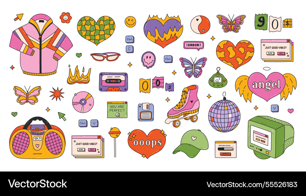 Große bunte Linie doodle y2k Set mit Mode Große bunte Linie doodle y2k Set mit Mode vektorbild