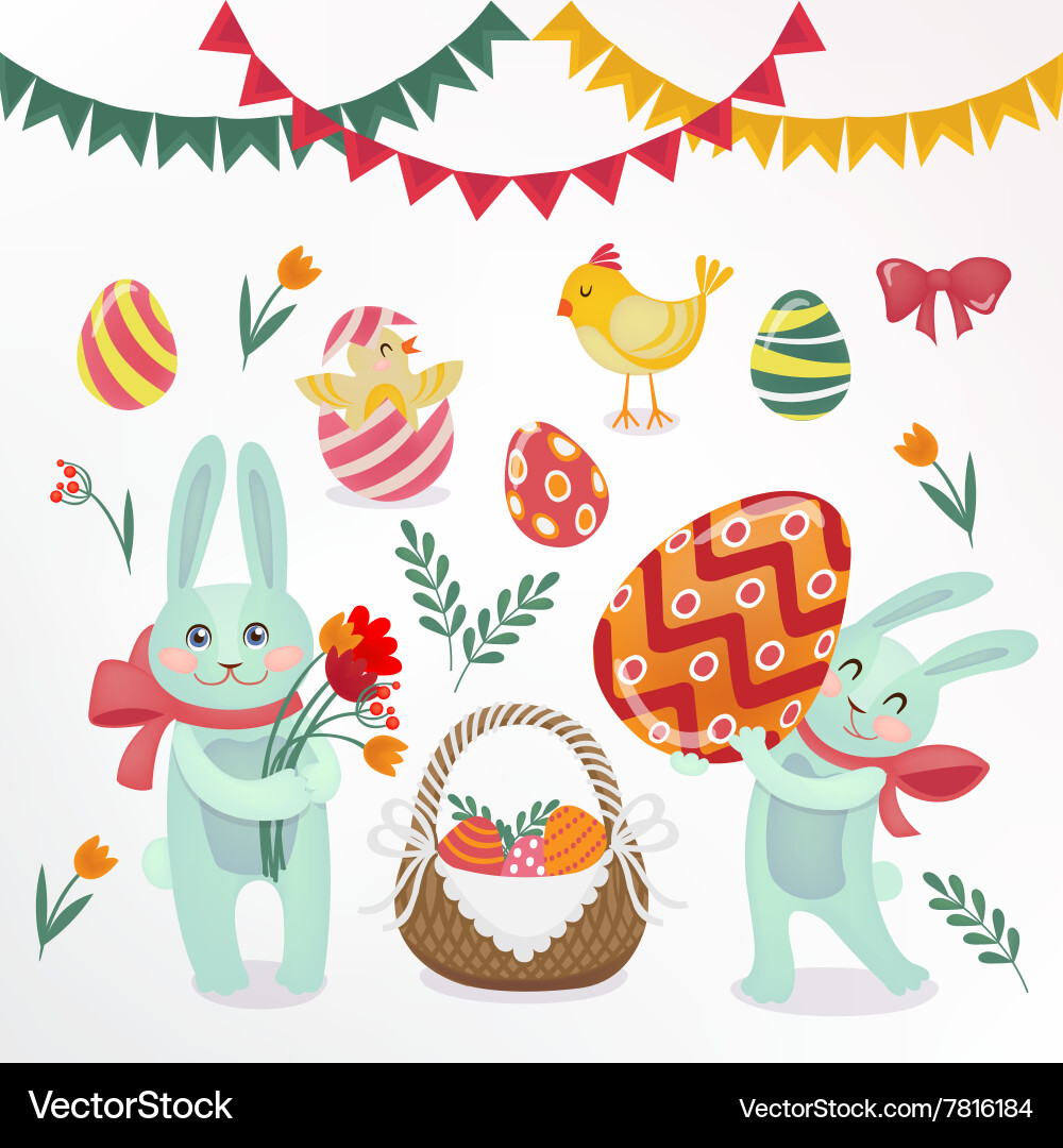 Cute Easter Elements - Rabbits, Eggs, and Chicks vector image