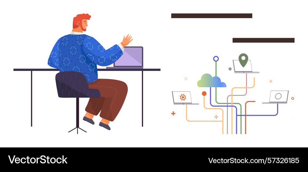 Man working on laptop with cloud network system Man working on laptop with cloud network system vector image