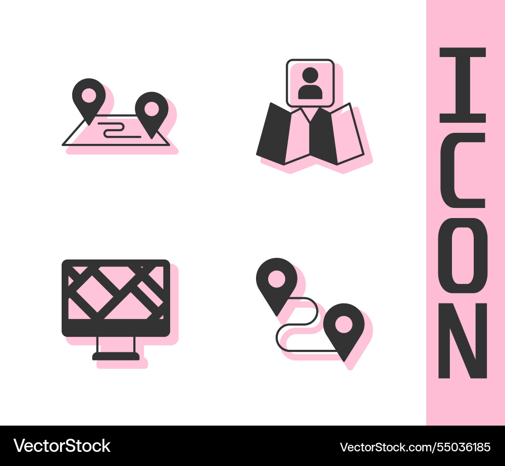 Set route location monitor with map and folded Set route location monitor with map and folded vector image