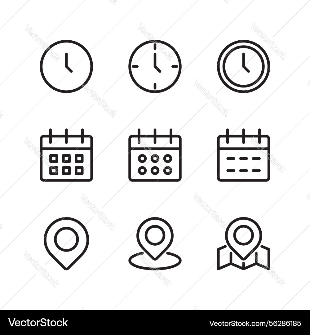 Time date and location icon set Time date and location icon set vector image
