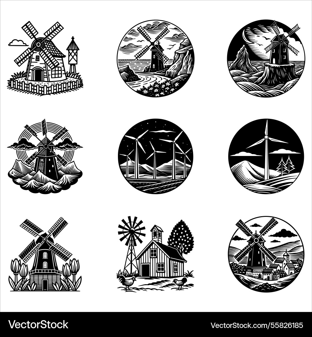 Windmill bundle Royalty Free Vector Image - VectorStock