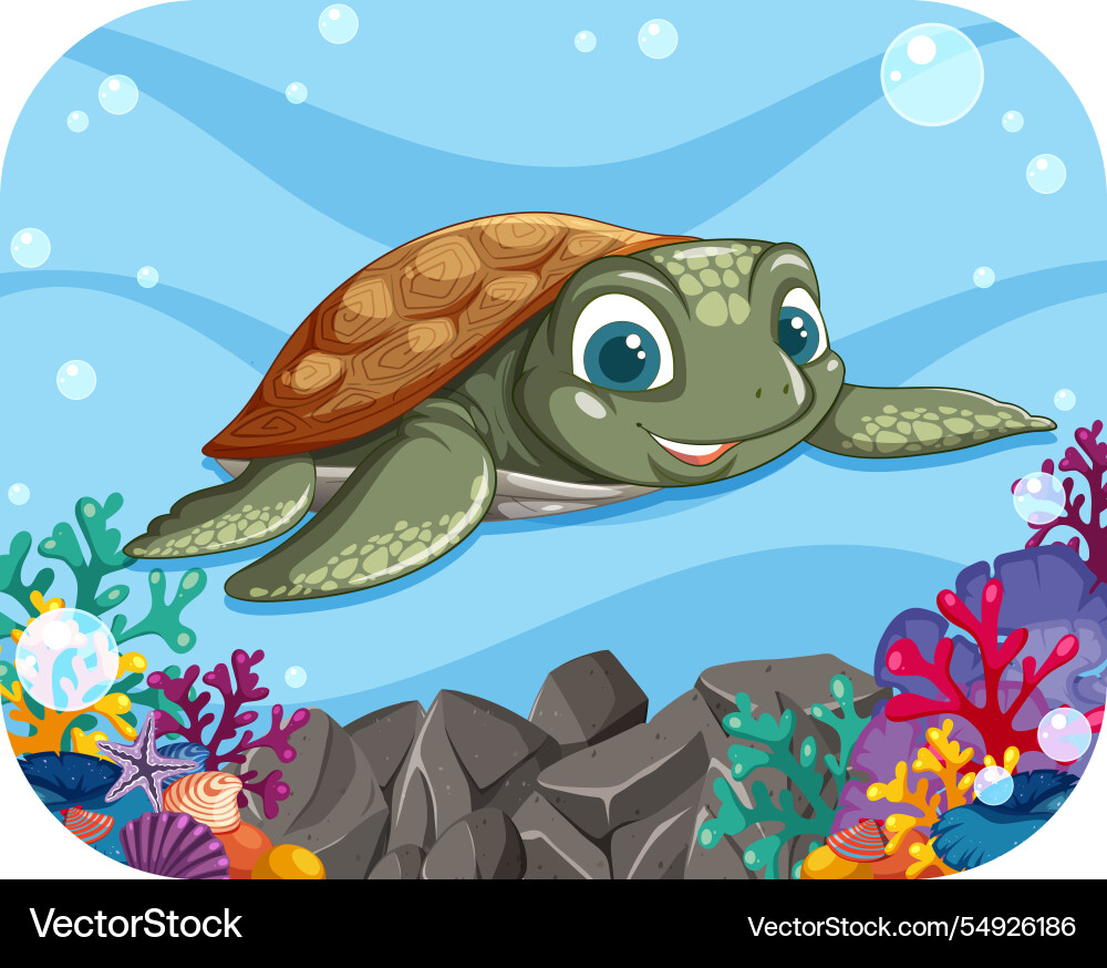 A happy turtle swims among colorful coral A happy turtle swims among colorful coral vector image