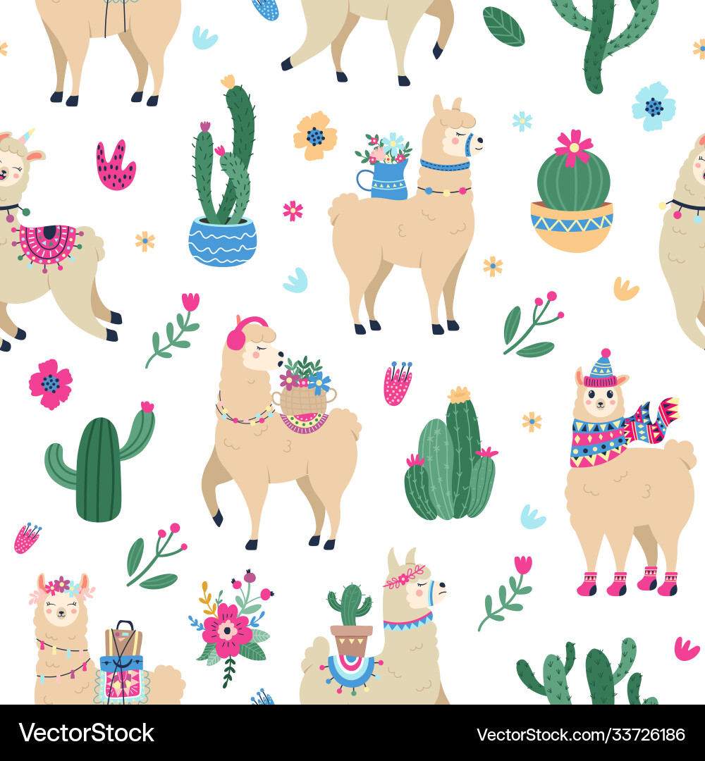 Llama & Cactus Pattern - Festive Vector Image